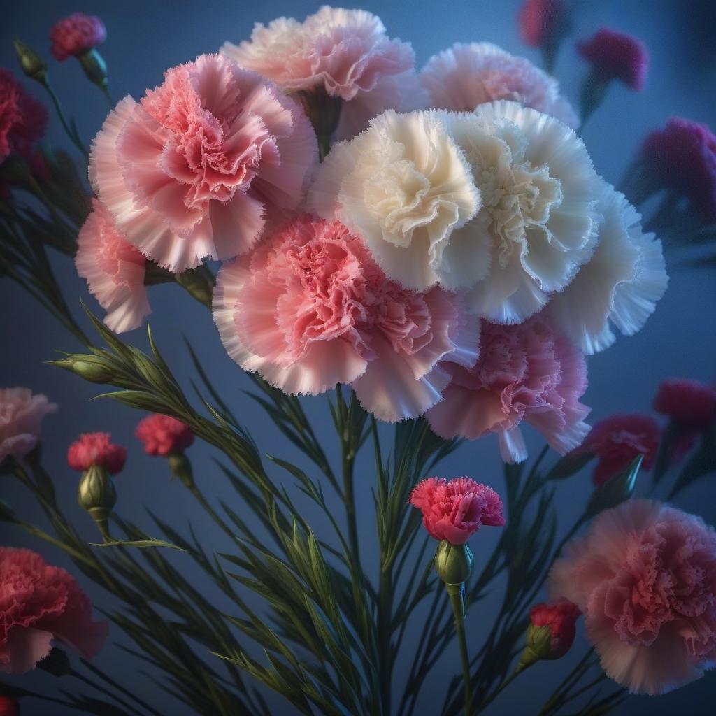  Bouquet of carnations hyperrealistic, full body, detailed clothing, highly detailed, cinematic lighting, stunningly beautiful, intricate, sharp focus, f/1. 8, 85mm, (centered image composition), (professionally color graded), ((bright soft diffused light)), volumetric fog, trending on instagram, trending on tumblr, HDR 4K, 8K