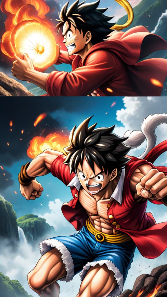  monkey d. luffy dodges akainu's magma punch effortlessly, fluid cartoonish movements, one piece, anime art hyperrealistic, full body, detailed clothing, highly detailed, cinematic lighting, stunningly beautiful, intricate, sharp focus, f/1. 8, 85mm, (centered image composition), (professionally color graded), ((bright soft diffused light)), volumetric fog, trending on instagram, trending on tumblr, HDR 4K, 8K