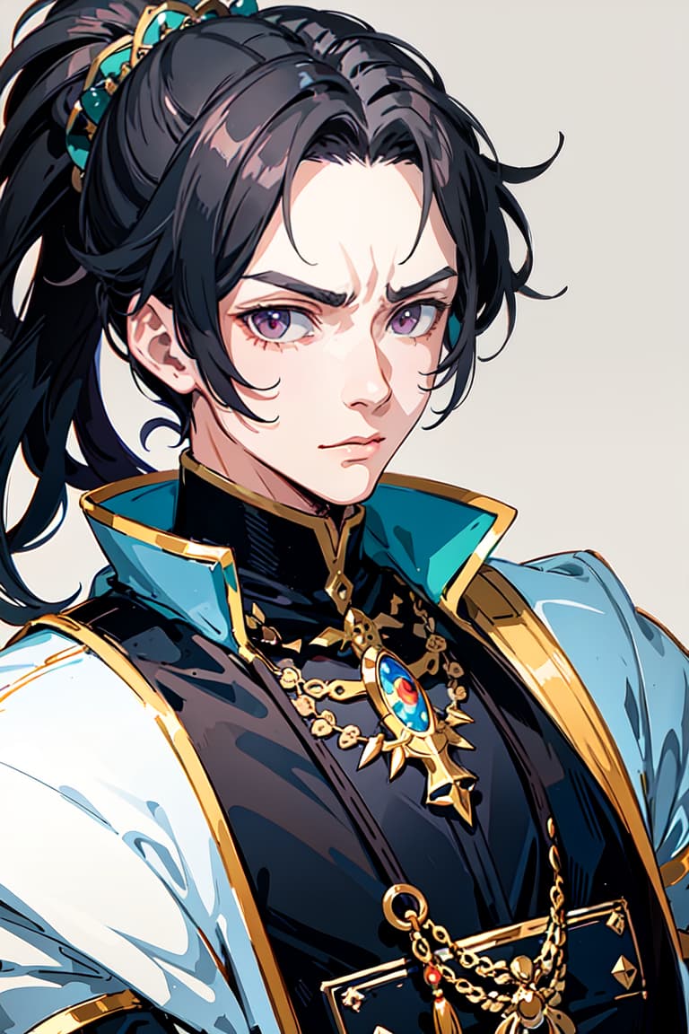  master piece , best quality,image/the character "felix" from the game fire emblem three houses.he is man. his hairstyle is a short black ponytail. he has red, slanted eyes. he has a furrowed brow, which makes him look a bit intimidating. he has his hair tied up high. he has wrinkles under his eyes.