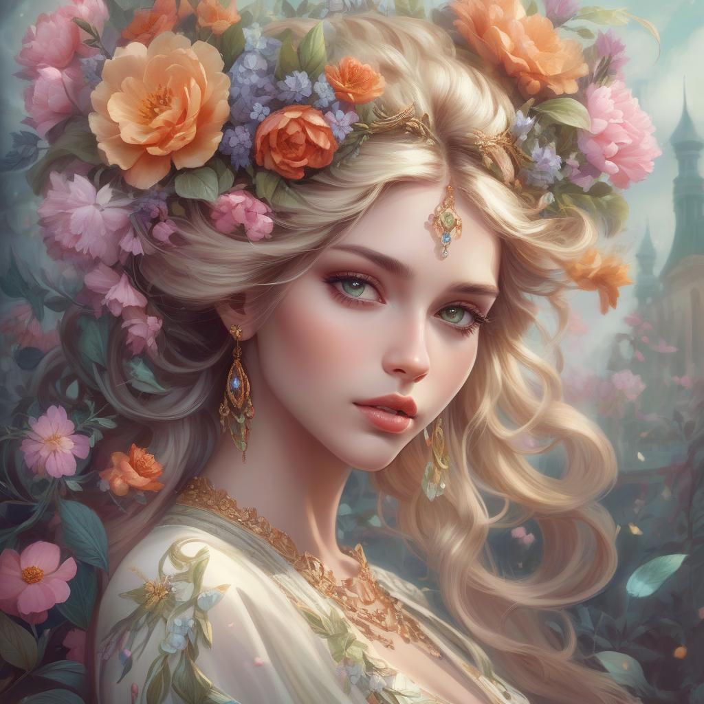  concept art a painting of a woman with flowers in her hair, beautiful fantasy art portrait, exquisite digital illustration, beautiful fantasy portrait, highly detailed digital painting, style of laura sava, beauty art nouveau woman, exquisite digital art, beauty woman with detailed faces, romanticism artwork, woman in flowers, in style of anna dittmann, detailed realistic beautiful, beautiful gorgeous digital art . digital artwork, illustrative, painterly, matte painting, highly detailed