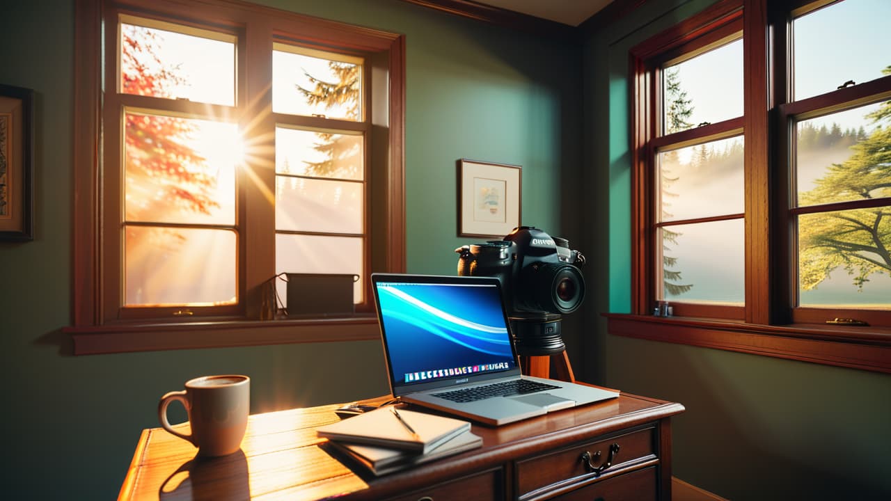  a stylish workspace with a laptop open to a photography portfolio, a notepad with detailed pricing notes, a camera beside a cup of coffee, and soft natural light streaming through a window. hyperrealistic, full body, detailed clothing, highly detailed, cinematic lighting, stunningly beautiful, intricate, sharp focus, f/1. 8, 85mm, (centered image composition), (professionally color graded), ((bright soft diffused light)), volumetric fog, trending on instagram, trending on tumblr, HDR 4K, 8K