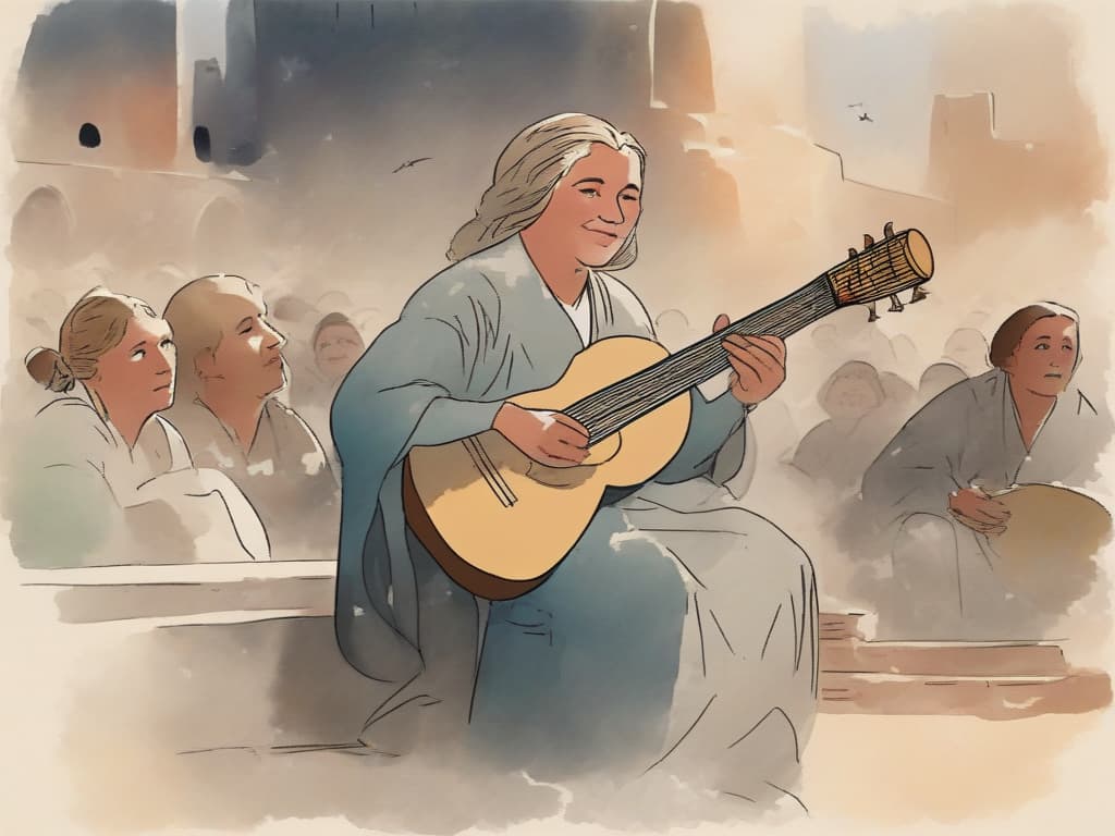  mature woman,long hair,bards,dress,fantasy,town,bright atmosphere,sit on a bench,lively,holding the lute,singing,eyes closed,calm expression,spectators all around,evening,ancient egypt,