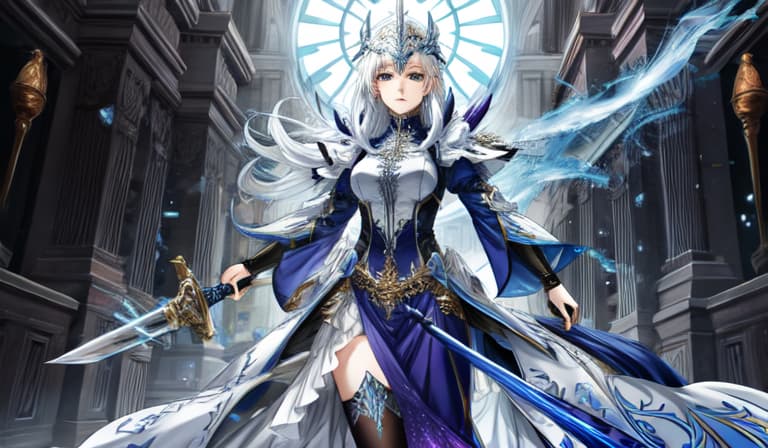  1 girl, armor, white hair, purple eyes, sword, wielding sword, blue flame, glowing weapon, light particles, wallpaper, color difference hyperrealistic, full body, detailed clothing, highly detailed, cinematic lighting, stunningly beautiful, intricate, sharp focus, f/1. 8, 85mm, (centered image composition), (professionally color graded), ((bright soft diffused light)), volumetric fog, trending on instagram, trending on tumblr, HDR 4K, 8K