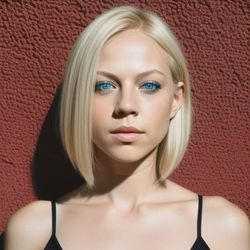  a woman with a short blond bob with blue eyes and a black top is posing for a picture in front of a wall, Alex Grey, superflat, profile picture, a polaroid photos