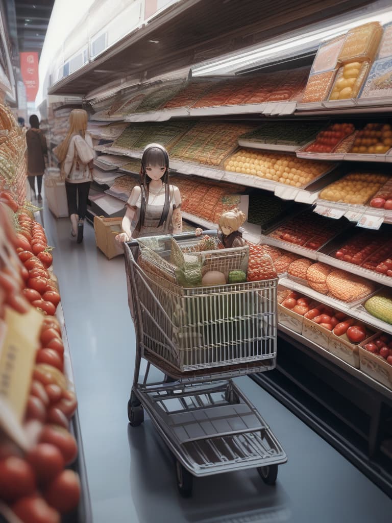  with tomatoes, shopping carts, blonde ponytails, white headphones, pressing shopping carts, snake tattoos on legs, whole body, walking figure, karako shopping cart, masterpiece, best quality,8k,ultra detailed,high resolution,an extremely delicate and beautiful,hyper detail