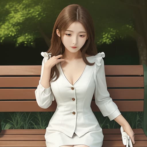  a lady sitting on bench and remove her chest button