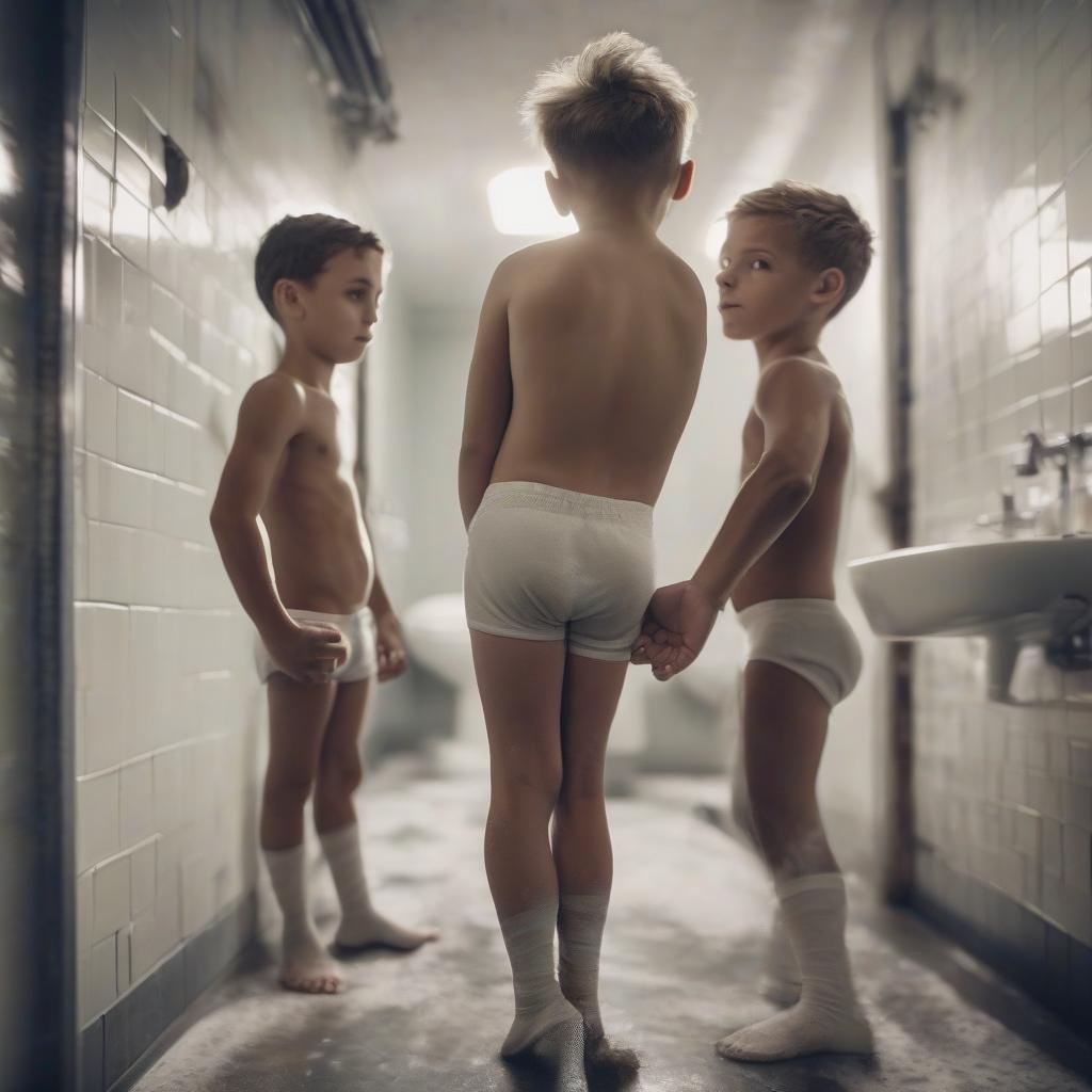  cinematic film still two gymnast sports boys 15, in the toilet, without a t shirt . shallow depth of field, vignette, highly detailed, high budget, bokeh, cinemascope, moody, epic, gorgeous, film grain, grainy