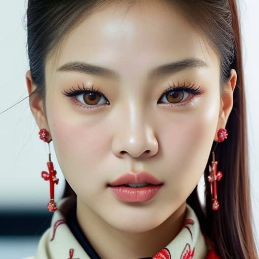  (--Style Photoralism, Jennie Kim) (full body) a close up of a woman with a red scarf on, blackpink jennie, popular south korean makeup, portrait of female korean idol, popular korean makeup, beautiful south korean woman, harpers bazaar, harper's bazaar, beautiful oriental woman, korean face features, dior campaign, korean audrey hepburn, vogue journal cover, inspired by Zhang Shuqi, detailed face of a asian girl