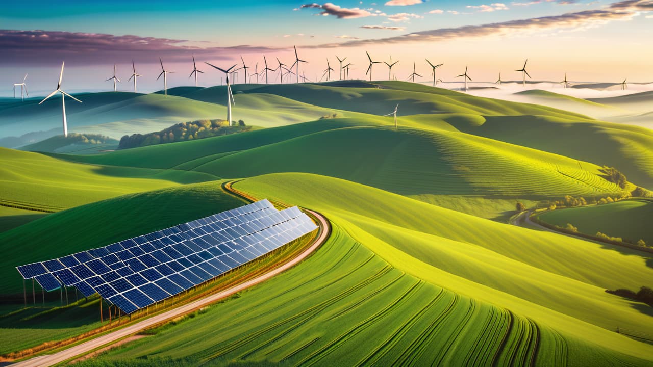  a vibrant landscape featuring solar panels glistening under the sun, wind turbines spinning gracefully on rolling hills, and a clear blue sky filled with fluffy clouds, symbolizing a sustainable, clean energy future. hyperrealistic, full body, detailed clothing, highly detailed, cinematic lighting, stunningly beautiful, intricate, sharp focus, f/1. 8, 85mm, (centered image composition), (professionally color graded), ((bright soft diffused light)), volumetric fog, trending on instagram, trending on tumblr, HDR 4K, 8K