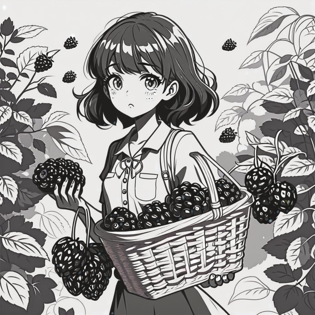  line art drawing girl with blackberryes basket, same nightmare. anime style . professional, sleek, modern, minimalist, graphic, line art, vector graphics