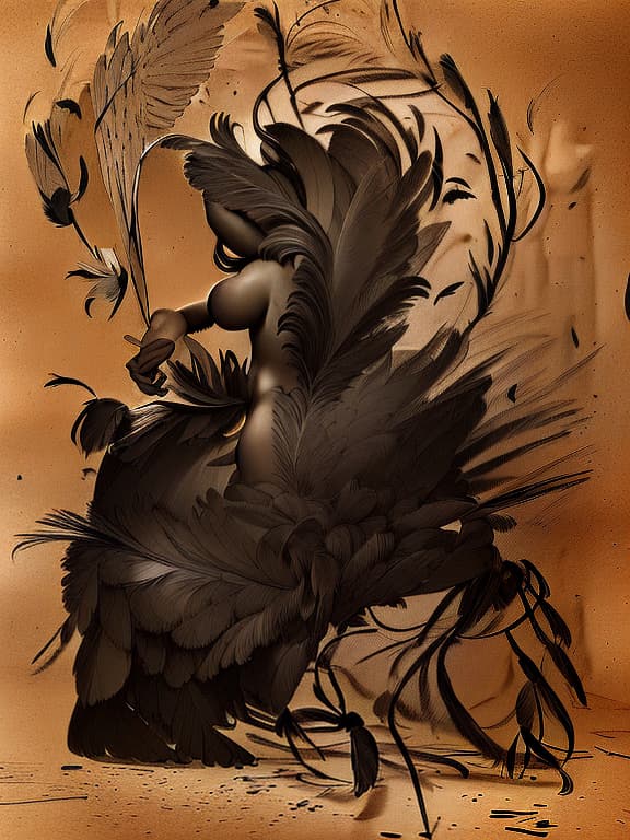  a silhouette consisting of many feathers in an eerie style, sketch, drawing, detailed, pencil, black and white by adonna khare, paul cadden, pierre yves riveau