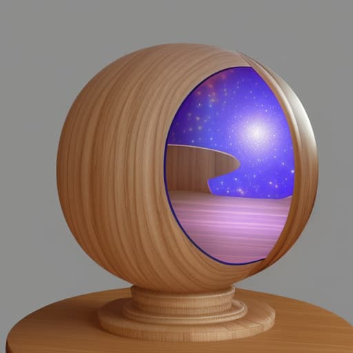  Transparant ball with a dreamscape inside, ball rests on a curved wooden pedestal