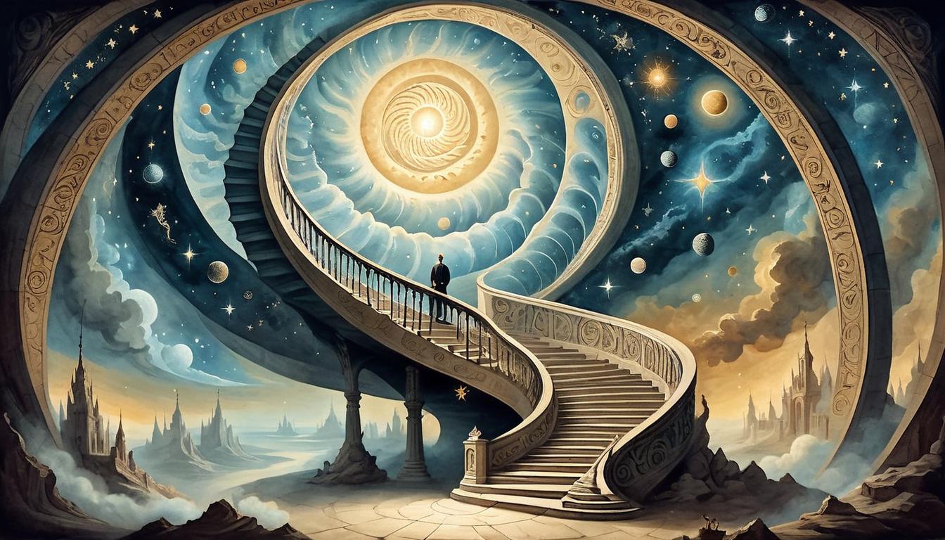  on parchment, surrealism+++, a staircase made of light, spiraling upwards into the heavens, surrounded by celestial bodies and ethereal glow, ascent, divine journey(mysterious, provocative, symbolic,muted color)+++