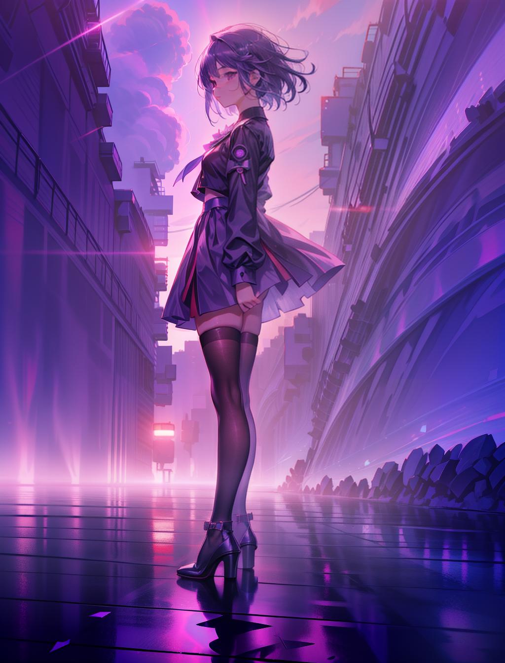  <lora:silhouette:1>, silhouette, solo, cloudy sky, sunset, masterpiece, best quality, solo, long purple hair, neon purple eyes, thigh highs, heels, bunny female, red neon light background, full body