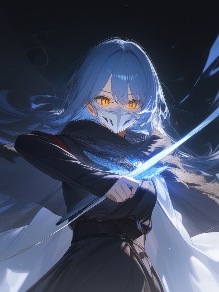  light blue hair long, yellow eyes, white mask, dark magic, black robe, masterpiece, best quality,8k,ultra detailed,high resolution,an extremely delicate and beautiful,hyper detail