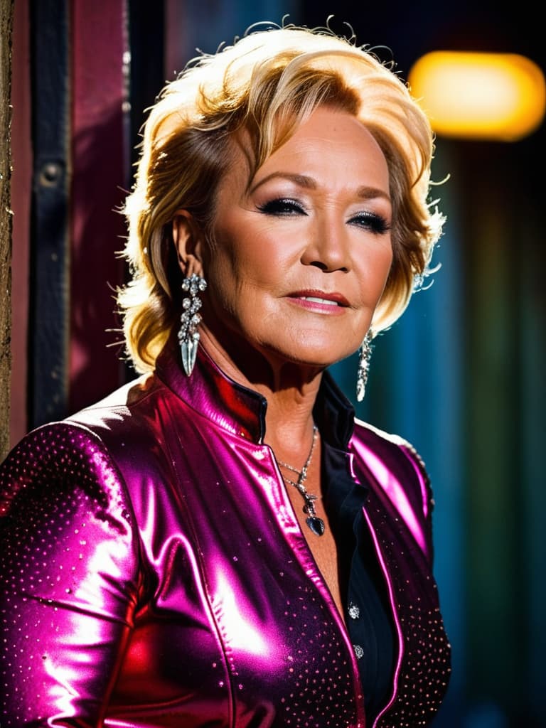  A younger country singer Tanya Tucker, medium shot, upper body, spotlight, long exposure lighting, street art style spray paint, glamour lighting