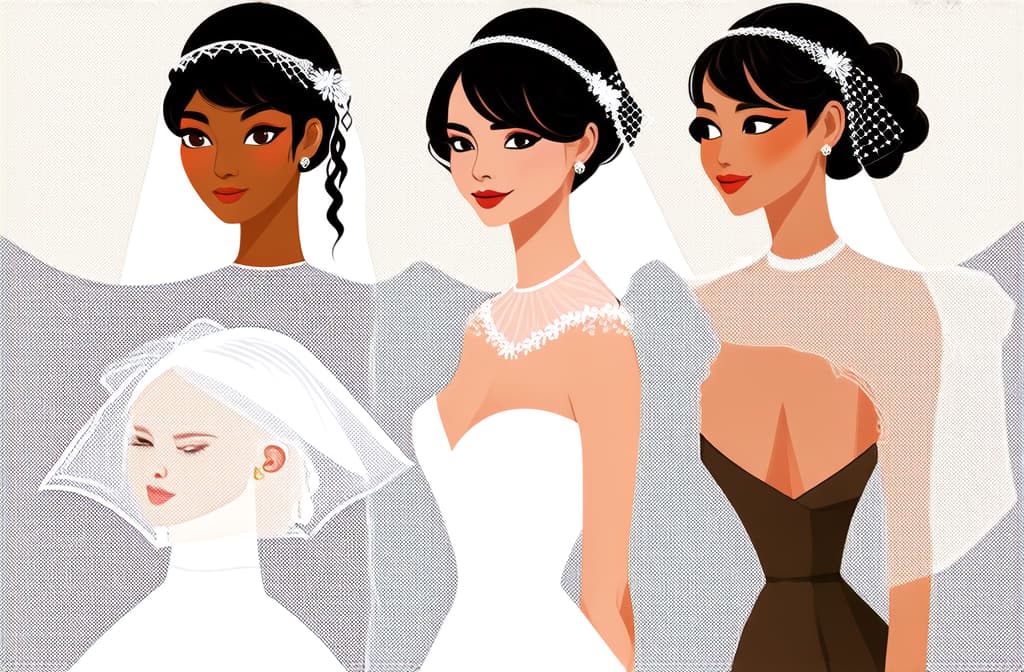  flat illustration, flaticon, (illustration:1.15), different beauty. set of different female heads in wedding veil. different races and nationalities. colored hand drawn illustration ar 3:2, [cory loftis, strobist, pascal campion :: 0.2]