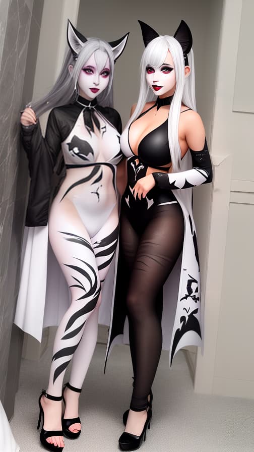  White bat pattern body paint in every corner of the body, Black body paint all over the body, Grey face paint on the face, Two dark elf sisters, full body image 女性