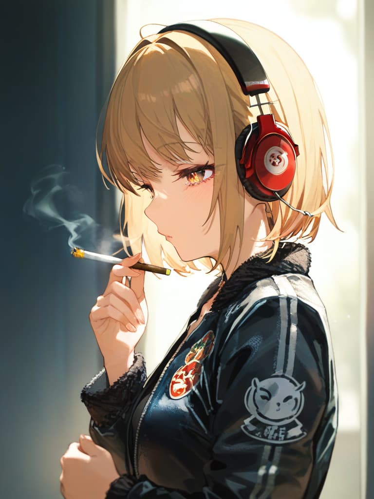  a girl who smokes cigarettes, a girl wearing a cigarette, a girl wearing headphones, a girl in blonde bob cut, whole body, souvenir jacket, black jacket, maid cosplay, masterpiece, best quality,8k,ultra detailed,high resolution,an extremely delicate and beautiful,hyper detail