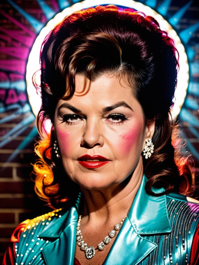  Country singer Patsy Cline, medium shot, upper body, spotlight, long exposure lighting, street art style spray paint, glamour lighting