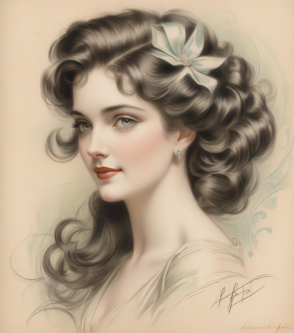  portrait of a beautiful woman, harrison fisher, colored pencil art, black pencil on antique paper, intricate detail.