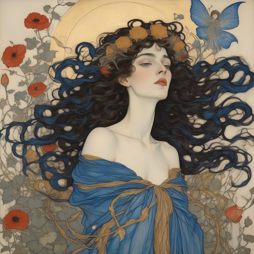  painting by arthur rackham and egon schiele depicting a wind goddess, she is a shooting star and a fallen angel, surrounded by beautiful flora, poppies, roses, lilies, morning glories, intricate golden vines, highly detailed azure eyes, luxurious dark hair with botticelli curls in a breeze, with cupids bow lips, wearing gently flowing gossamer silk in blues and gold.