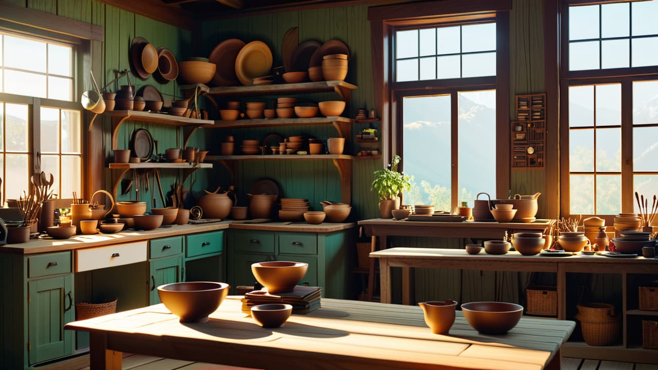  a rustic workshop filled with various handcrafted wooden items like bowls, furniture, and sculptures, sunlight streaming through dusty windows, a workbench cluttered with tools, and a cozy, inviting atmosphere. hyperrealistic, full body, detailed clothing, highly detailed, cinematic lighting, stunningly beautiful, intricate, sharp focus, f/1. 8, 85mm, (centered image composition), (professionally color graded), ((bright soft diffused light)), volumetric fog, trending on instagram, trending on tumblr, HDR 4K, 8K