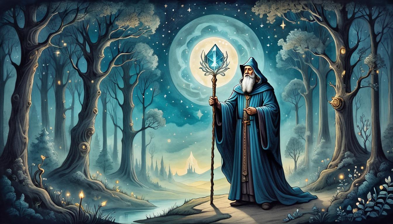  on parchment, surrealism+++, a wise sage, robed in flowing garments, holding a staff with a glowing crystal, standing at the edge of an enchanted forest, night sky glowing with stars, signifying grace, wisdom, navigation(mysterious, provocative, symbolic,muted color)+++