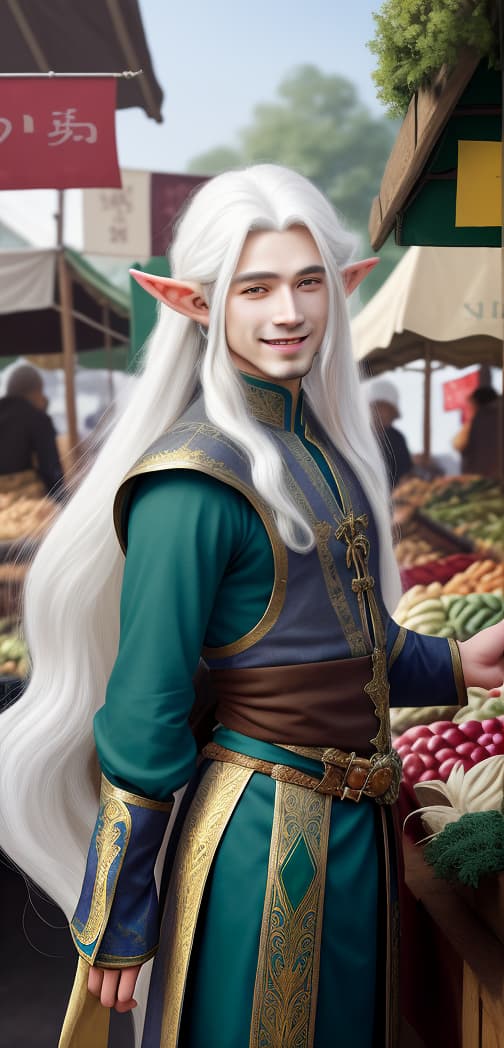  masterpiece, best quality, beautiful young male elf at the local market,fantasy setting, long white hair, flowing locks, smiling face, realistic, masterpiece, top quality, best quality, high resolution