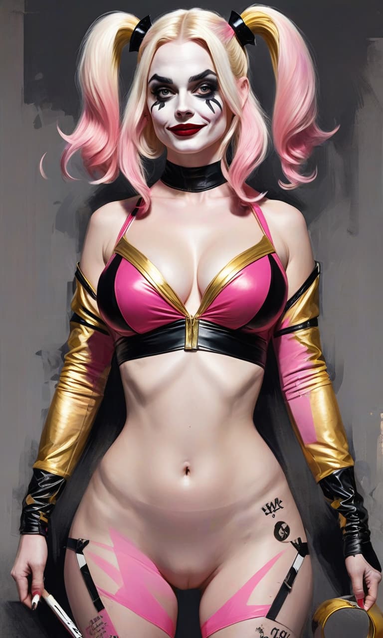  concept art pink, gold, black, white margot robbins to the waist in the form of harley quinn costume . digital artwork, illustrative, painterly, matte painting, highly detailed, perfect hands