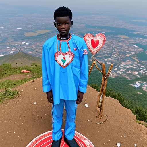  A Ghanaian boy standing beside a clean decorated human heart on top of a mountain