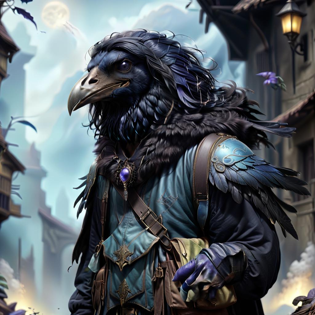  ethereal fantasy concept art of black with blue tint humanoid with raven head alchemist, rags and leather cloak with lots of pockets, tourist back pack bag with pockets, bomb in hand . magnificent, celestial, ethereal, painterly, epic, majestic, magical, fantasy art, cover art, dreamy, civitai