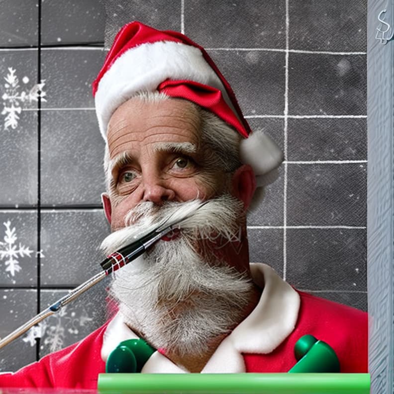  a man with a white beard mid to late 40s wearing a full santa suit painting the words on a long wall with a paint roller and an extension pole that says merry christmas friends and family welcome.