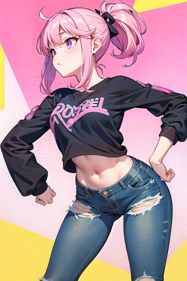  r 18, , middle , pink haired ,ponytail,large eyes,s She wears a cute pink , and her jeans are unoned, hanging low on her hips