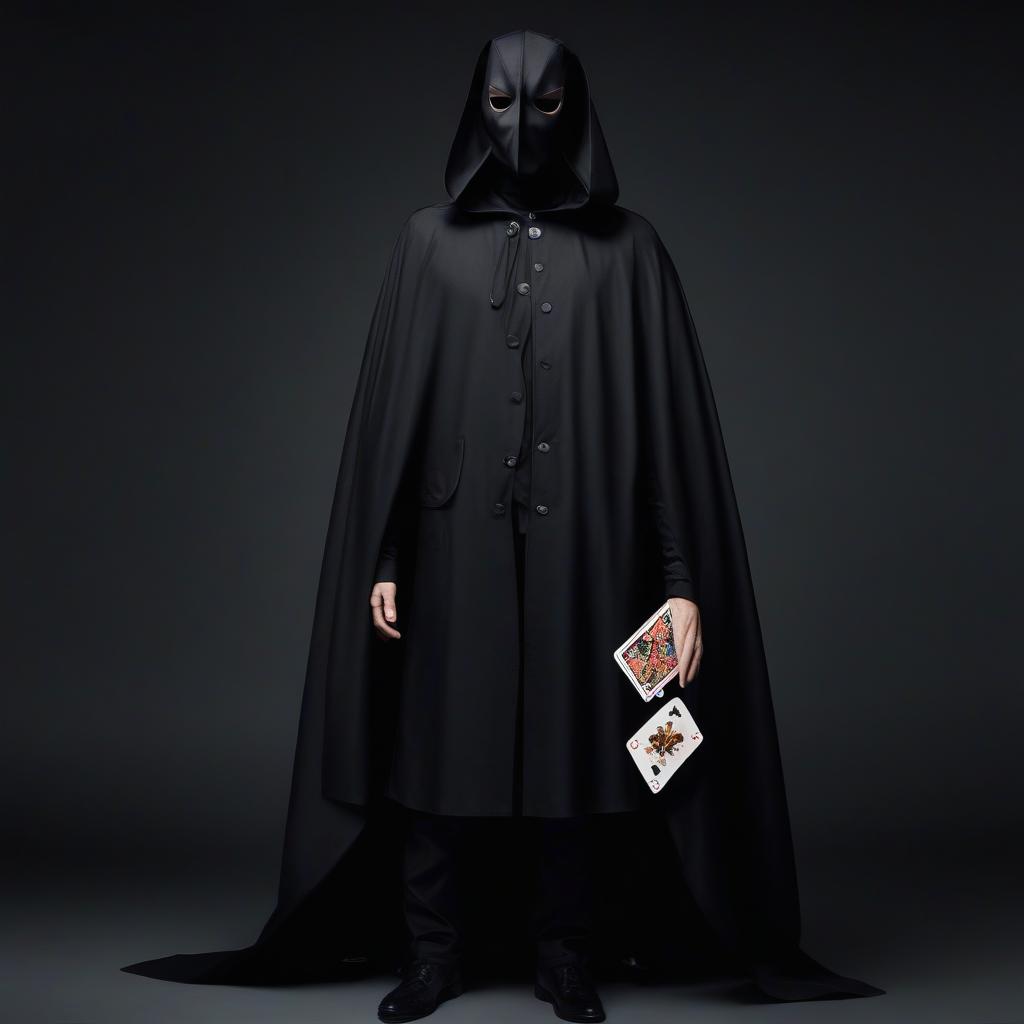  a man, a long black cape with pockets on it, black pants with many pockets, a hat with playing cards on it, a mask on his face