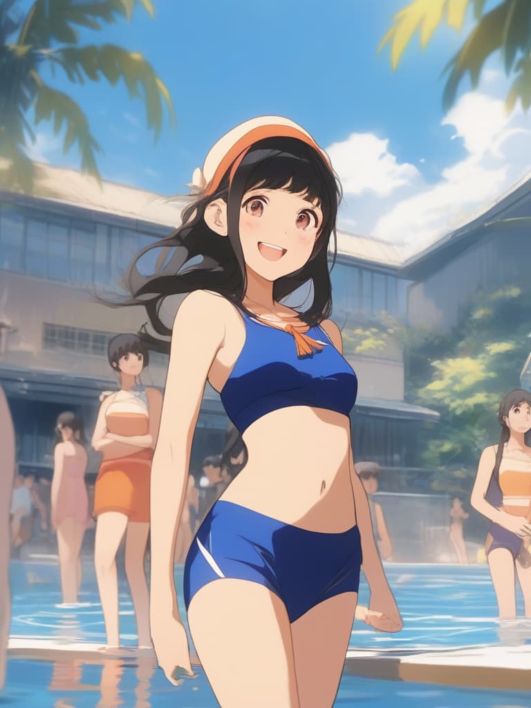  women's elementary , twin tails, cute smiles, big s, big s, low stature, dark blue swimwear, old swimwear, , simple, (bulging), man (bulge), (bulge), shaped clear, clear ( ), front, whole body, pool side,