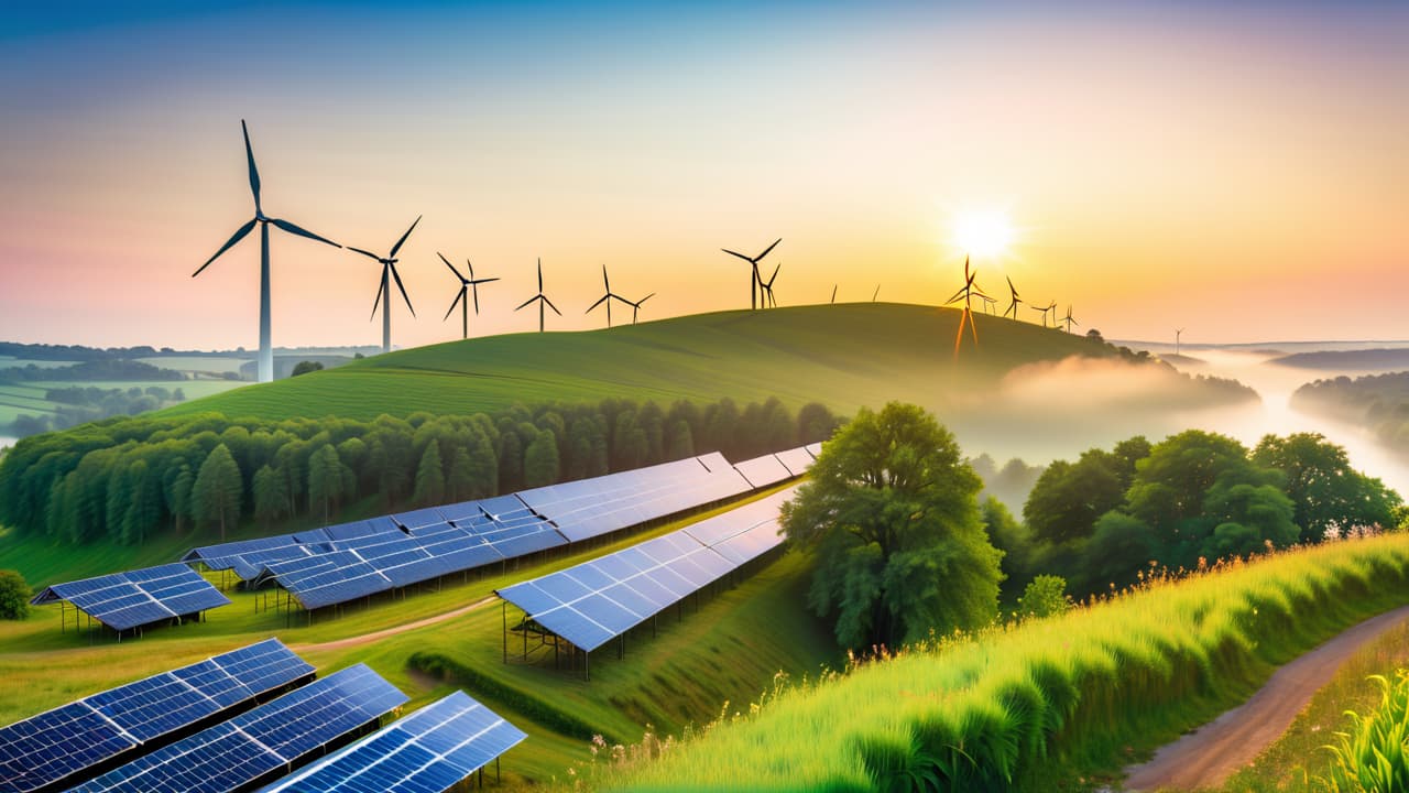  a vibrant landscape featuring solar panels glistening under the sun, wind turbines gracefully spinning on a hill, and a flowing river with a hydroelectric dam, all interconnected with lush greenery and a clear blue sky. hyperrealistic, full body, detailed clothing, highly detailed, cinematic lighting, stunningly beautiful, intricate, sharp focus, f/1. 8, 85mm, (centered image composition), (professionally color graded), ((bright soft diffused light)), volumetric fog, trending on instagram, trending on tumblr, HDR 4K, 8K