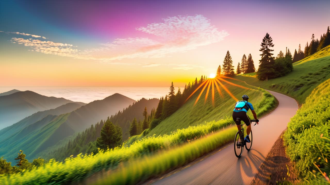  a scenic mountain trail, a lone cyclist in vibrant gear, pedaling uphill amid lush greenery, with a distant view of a sunset casting warm hues over rugged peaks, embodying determination and adventure. hyperrealistic, full body, detailed clothing, highly detailed, cinematic lighting, stunningly beautiful, intricate, sharp focus, f/1. 8, 85mm, (centered image composition), (professionally color graded), ((bright soft diffused light)), volumetric fog, trending on instagram, trending on tumblr, HDR 4K, 8K