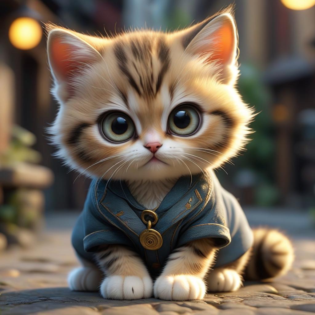  cute baby cat with huge eyes, sad eyes hyperrealistic, full body, detailed clothing, highly detailed, cinematic lighting, stunningly beautiful, intricate, sharp focus, f/1. 8, 85mm, (centered image composition), (professionally color graded), ((bright soft diffused light)), volumetric fog, trending on instagram, trending on tumblr, HDR 4K, 8K