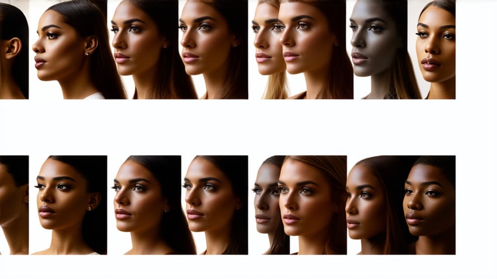  different beauty. set of different female heads on light background. different races and nationalities. ar 16:9, (natural skin texture), highly detailed face, depth of field, hyperrealism, soft light, muted colors