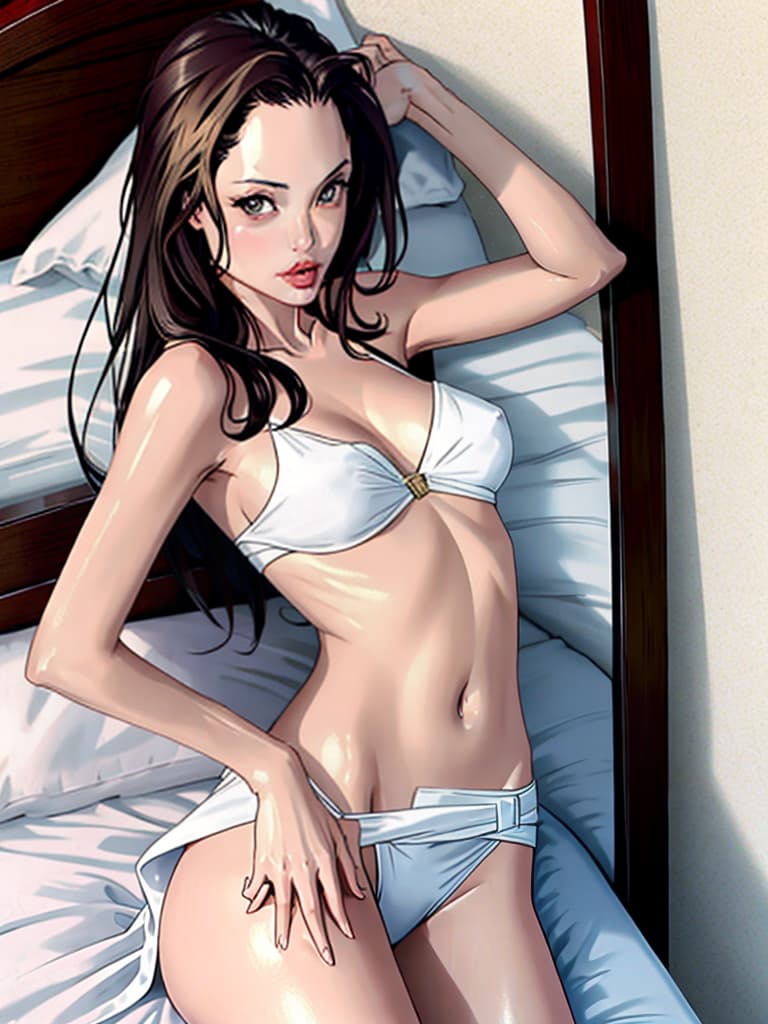  Angelina Jolie, no clothing, laying on a bed in suggestive poses