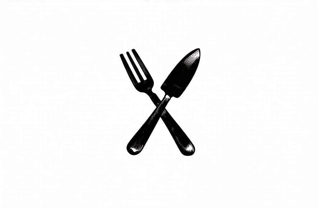  contour, very simple image in one unbroken black ink line, single line of fork crossed with knife, engraving illustration, icon isolated on white background ar 3:2 using a single continuous black line ink brushon white background, drawing should be created without lifting the pen, recognizable features of fork crossed with knife, engraving illustration, icon isolated on white background ar 3:2 in one unbroken line