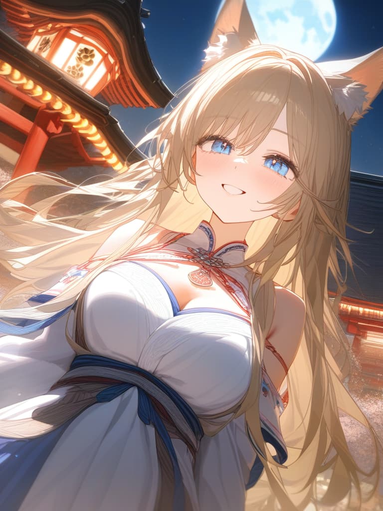  blond, blue eyes, night, big moon, shrine maiden, wolf ears, up, smile, masterpiece, best quality,8k,ultra detailed,high resolution,an extremely delicate and beautiful,hyper detail