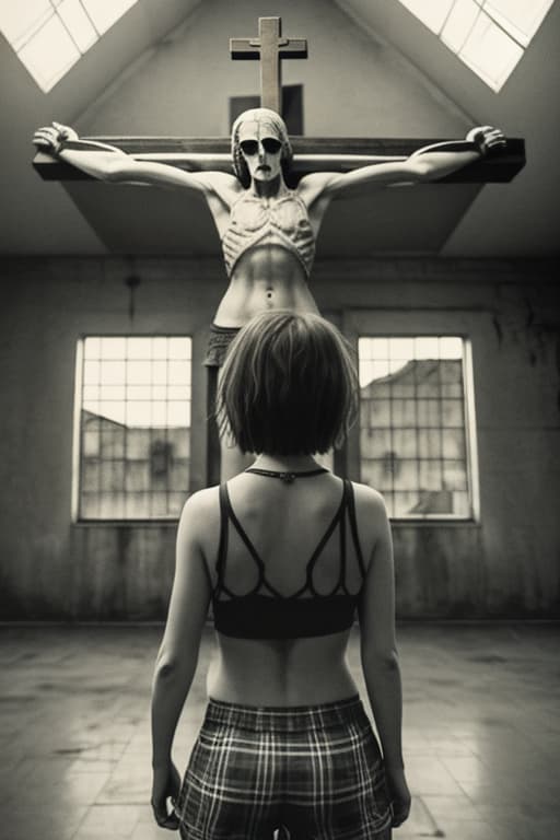  Atmosphere dim, blurry back, girl short haired, in plaid boxers, tank top, creepy building, dim lit, demonic(demon) presence in background, crucifix sign, crucifix, cross(logo)