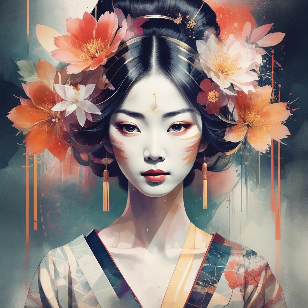  create a double exposure portrait of a japanese courtesan that blends abstract, artistic textures, such as splashes of watercolor and light effects, with sharp geometric shapes and lines. the portrait should capture the essence of the woman's personality, adding a dreamy or mysterious feel through the use of abstract patterns, and adding a modern, stylish look through the use of geometric shapes overlapping or merging with his form. there can be flowers on top of geometric lines. the combination of these elements should symbolize the multifaceted nature of the human spirit and the intersection of tradition and modernity, and should evoke a sense of complexity and depth.