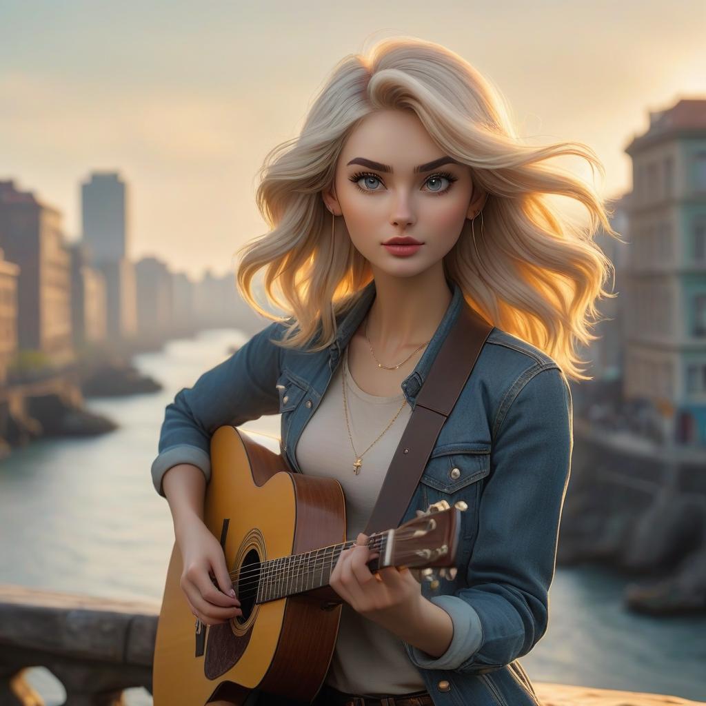  cinematic photo the city, the coast river, the air, the thin detail, the panoramic view, the front is a girl with a light hair, with a guitar in hand. the colored pencil. . 35mm photograph, film, bokeh, professional, 4k, highly detailed hyperrealistic, full body, detailed clothing, highly detailed, cinematic lighting, stunningly beautiful, intricate, sharp focus, f/1. 8, 85mm, (centered image composition), (professionally color graded), ((bright soft diffused light)), volumetric fog, trending on instagram, trending on tumblr, HDR 4K, 8K