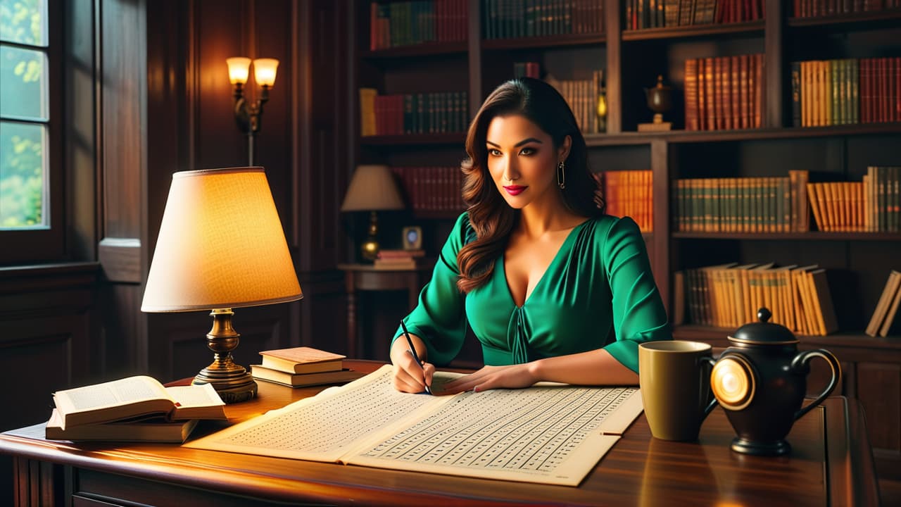  a cozy study with a wooden desk, a lit lamp casting warm light over an open crossword puzzle, scattered pencil shavings, a steaming cup of coffee, and a bookshelf filled with puzzle books. hyperrealistic, full body, detailed clothing, highly detailed, cinematic lighting, stunningly beautiful, intricate, sharp focus, f/1. 8, 85mm, (centered image composition), (professionally color graded), ((bright soft diffused light)), volumetric fog, trending on instagram, trending on tumblr, HDR 4K, 8K