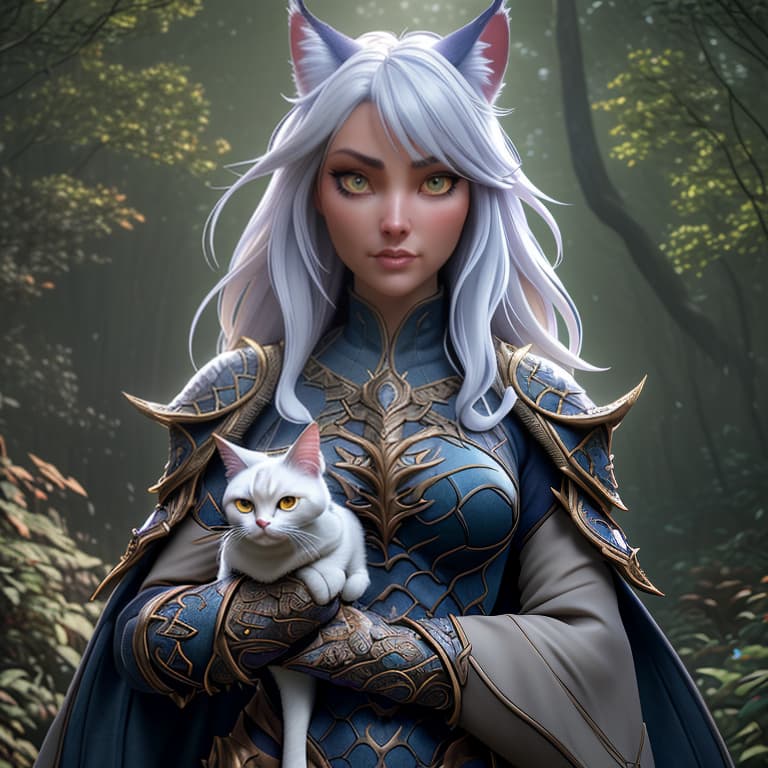  girl holding cat, cat ears, chibi, blue, gold, white, purpple, dragon scaly armor, forest background, fantasy style, (dark shot:1.17), epic realistic, faded, ((neutral colors)), art, (hdr:1.5), (muted colors:1.2), hyperdetailed, (artstation:1.5), cinematic, warm lights, dramatic light, (intricate details:1.1), complex background, (rutkowski:0.8), (teal and orange:0.4), colorfull, (natural skin texture, hyperrealism, soft light, sharp:1.2), (intricate details:1.12), hdr, (intricate details, hyperdetailed:1.15), white hair, hyperrealistic, full body, detailed clothing, highly detailed, cinematic lighting, stunningly beautiful, intricate, sharp focus, f/1. 8, 85mm, (centered image composition), (professionally color graded), ((bright soft diffused light)), volumetric fog, trending on instagram, trending on tumblr, HDR 4K, 8K