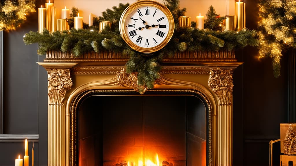  professional detailed photography, a gold clock with roman numerals stands on the fireplace, the room is decorated in new year's style ar 16:9, (muted colors, dim colors, soothing tones), (vsco:0.3)