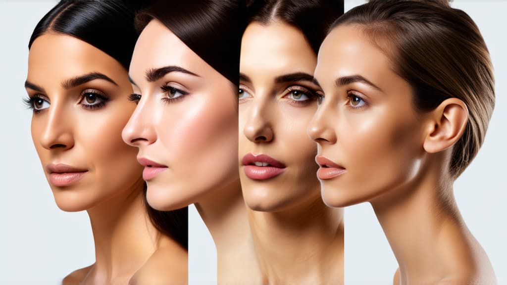  different beauty. set of different female heads of different ages on a light background. ar 16:9, (natural skin texture), highly detailed face, depth of field, hyperrealism, soft light, muted colors